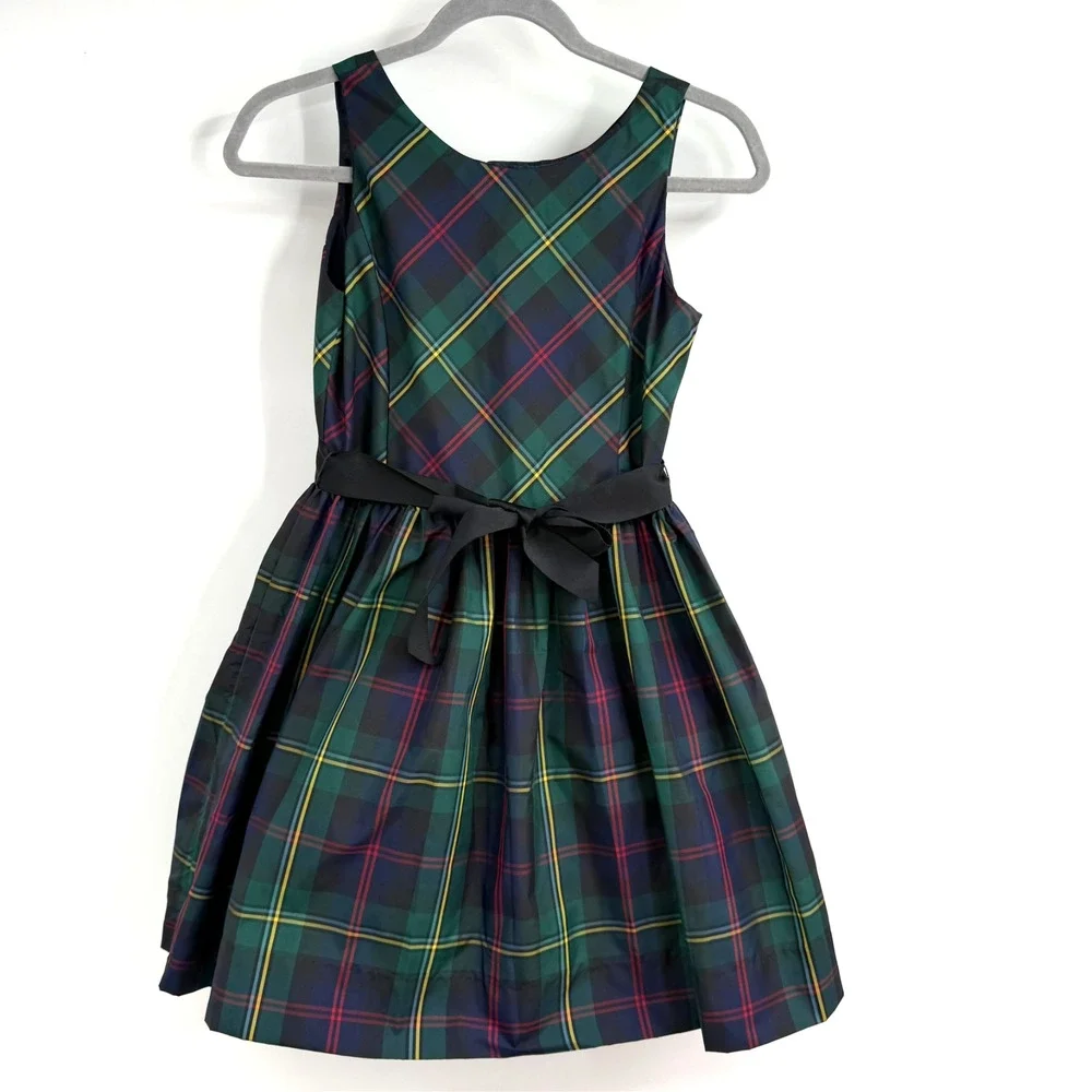 Ralph Lauren Girls Dress Sz 12 Green Tartan Plaid Fit Flare Bow Preppy Holiday